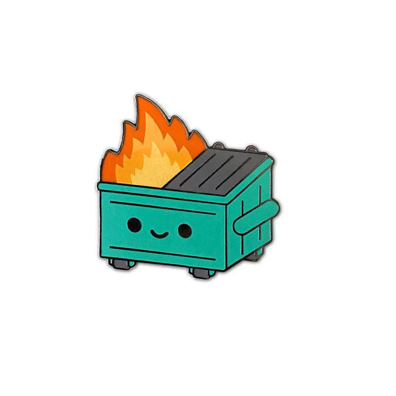 Kawaii Dumpster Fire Pin showing a smiling dumpster with bright orange flames.