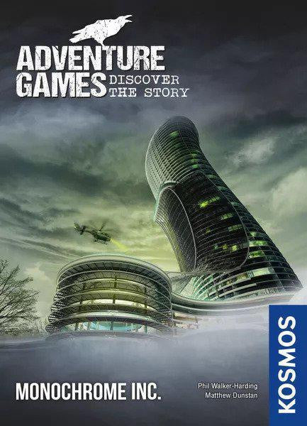 Adventure Games: Monochrome Inc. game packaging featuring a skyscraper, green sky, and helicopter.