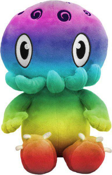 C is for Cthulhu RAINBOW Plush, a rainbow-colored plush toy with big eyes and tentacle arms.