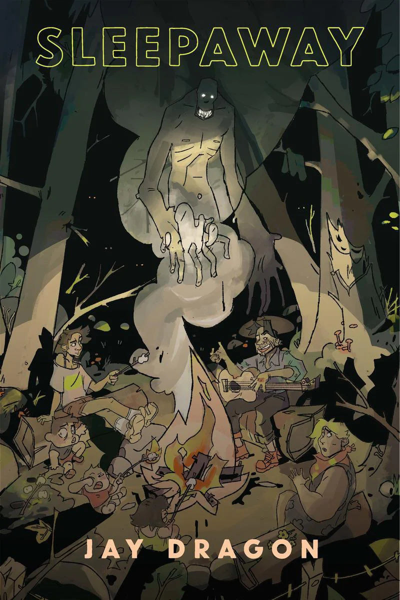 Cover art for Sleepaway, a GMless horror game, showing campers by a campfire and a ghostly figure rising.