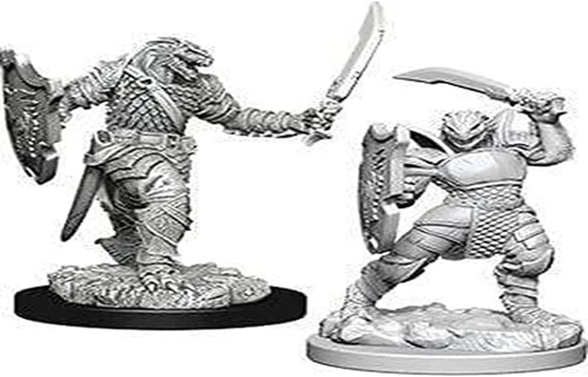 Two unpainted D&D NMU Dragonborn Female Paladin W5 miniatures with swords, shields, and round bases.