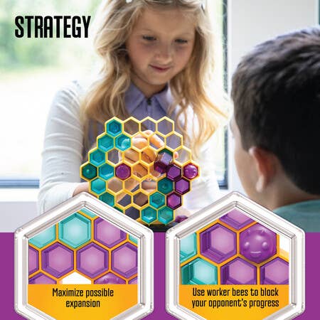 Queen Swarm board game in play with on-screen text: Maximize expansion; block your opponent’s progress.