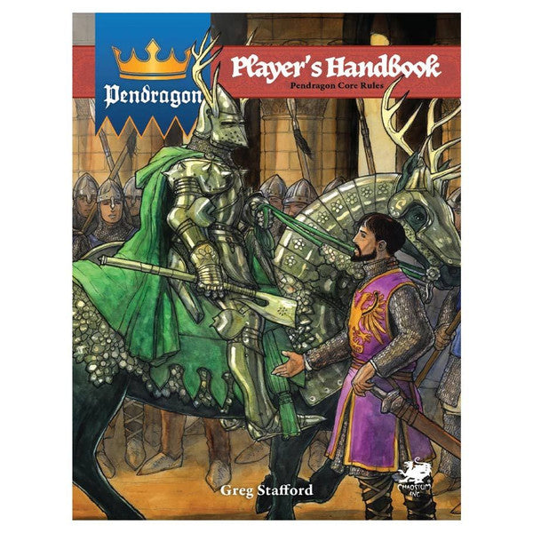 Pendragon: Core Rulebook cover featuring a green-armored knight facing a man in purple.