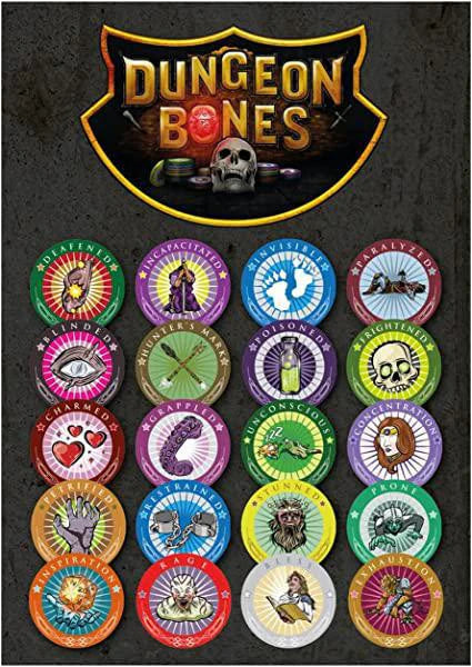 Dungeon Bones Condition Chips with icons and labels for 5E battlefield status tracking.