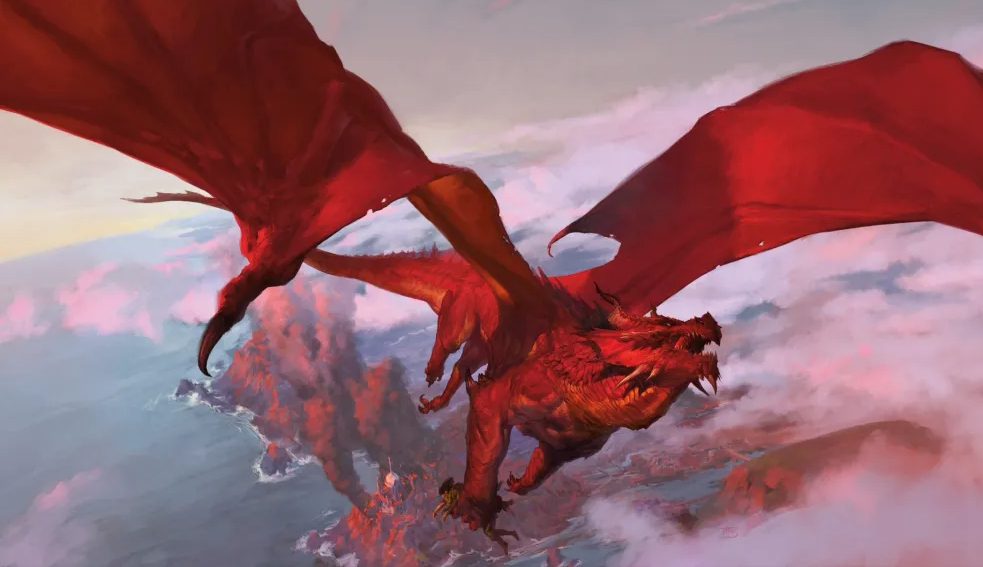 Learn to Play: Dungeons & Dragons 5E (Ages 13-17) event, featuring a red dragon over a volcanic coastline.