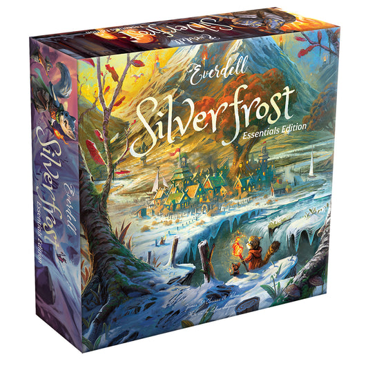 Everdell Silverfrost Essentials Edition box with winter forest and animal village illustration.