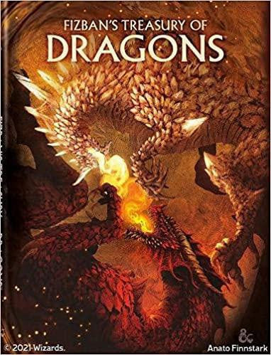 D&D Fizbans Treasury of Dragons Hard Cover, Alt; cover features gold and red dragons battling in fire.