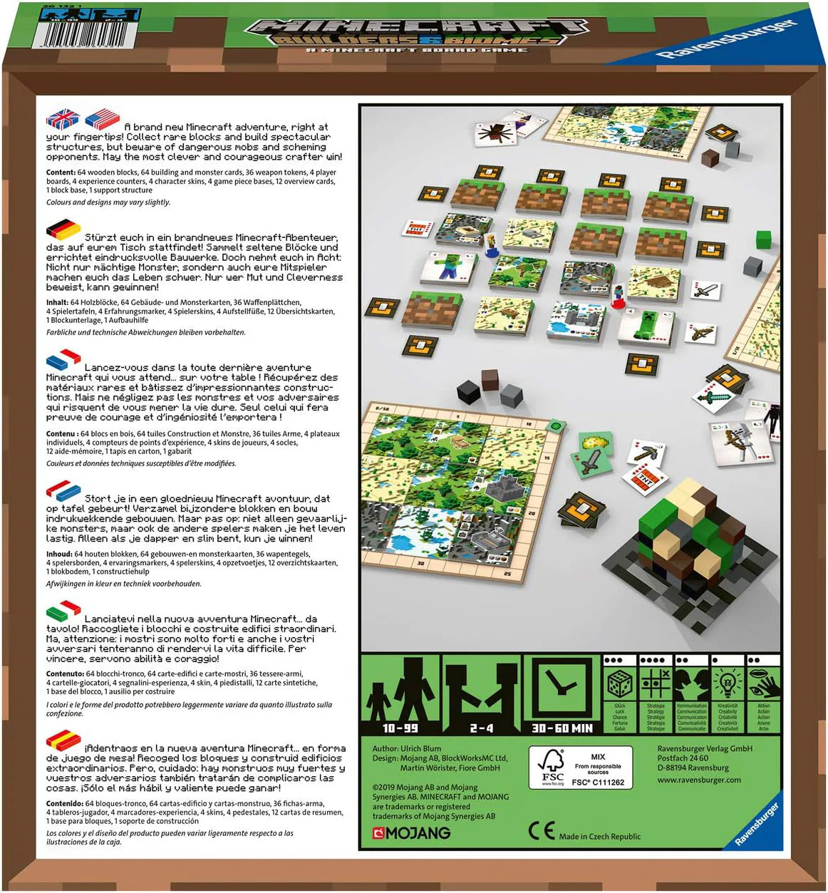 Back of Minecraft Builders and Biomes Board Game box with board, components, and multilingual instructions shown.