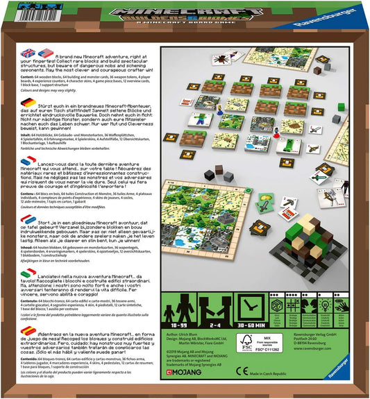 Back of Minecraft Builders and Biomes Board Game box with board, components, and multilingual instructions shown.