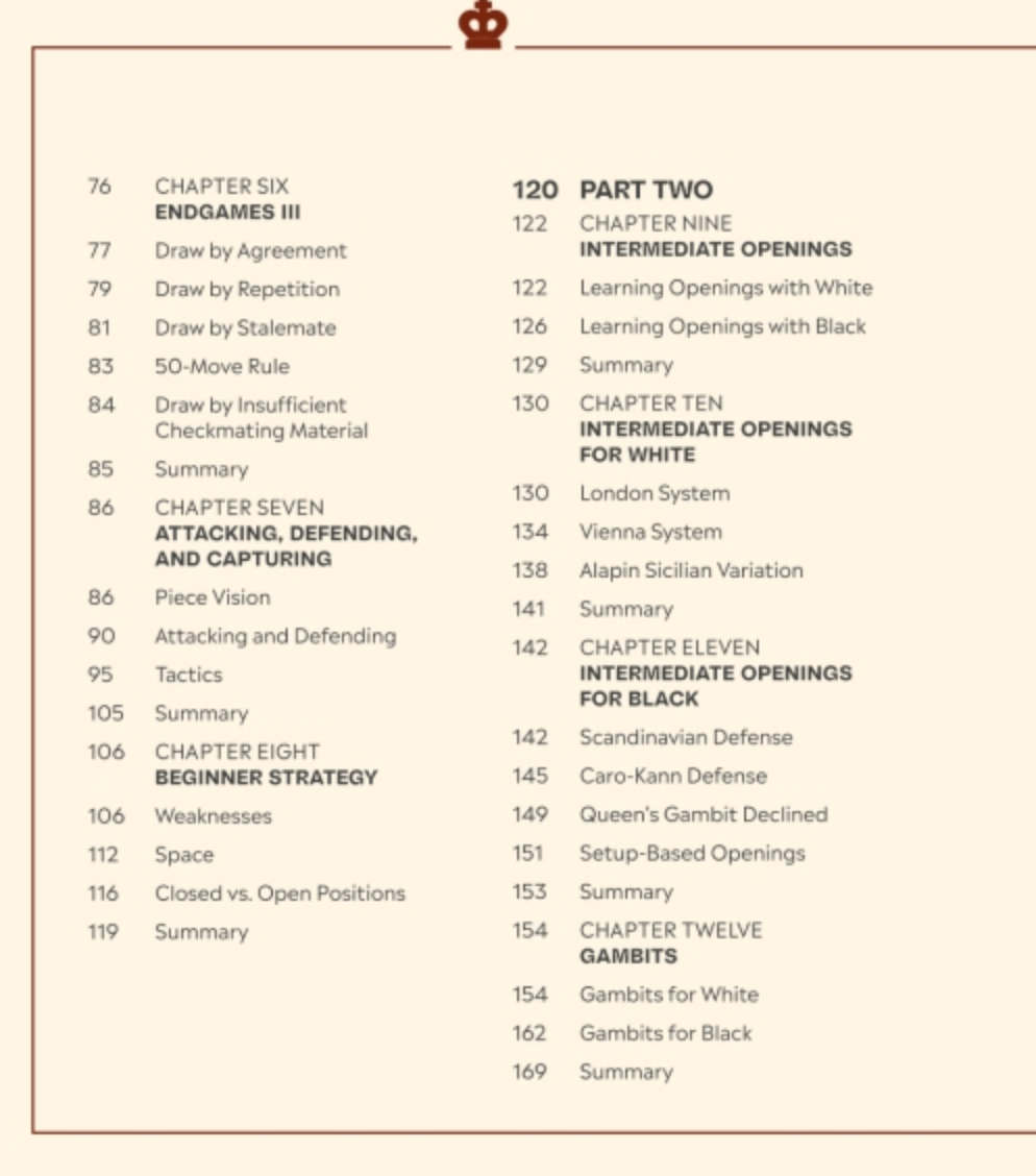 How to Win At Chess book covering endgames, beginner strategies, openings, and the Scandinavian Defense.