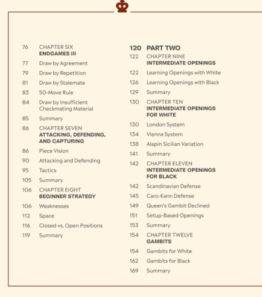 How to Win At Chess book covering endgames, beginner strategies, openings, and the Scandinavian Defense.