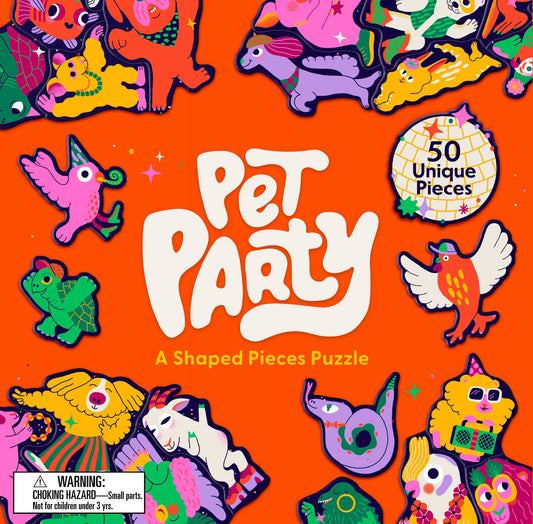 Pet Party jigsaw puzzle by Caroline Selmes featuring animal-shaped edge pieces and a visible warning label.