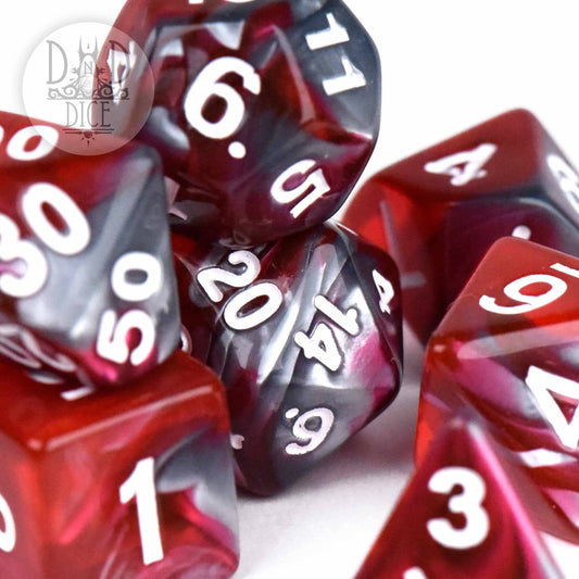 Steel and Blood DND dice set, red and black acrylic with white numbers, standard 7-piece tabletop set.