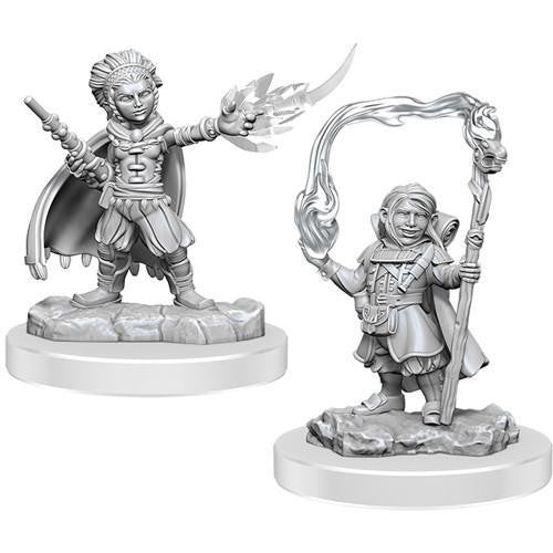 D&D Nolzurs Marvelous Miniature W20 Halfling Wizards, two unpainted figures with wand and staff spellcasting poses.
