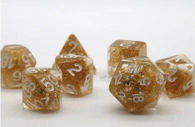 King Midas RPG Dice Set with transparent gold polyhedral dice and white numbers.