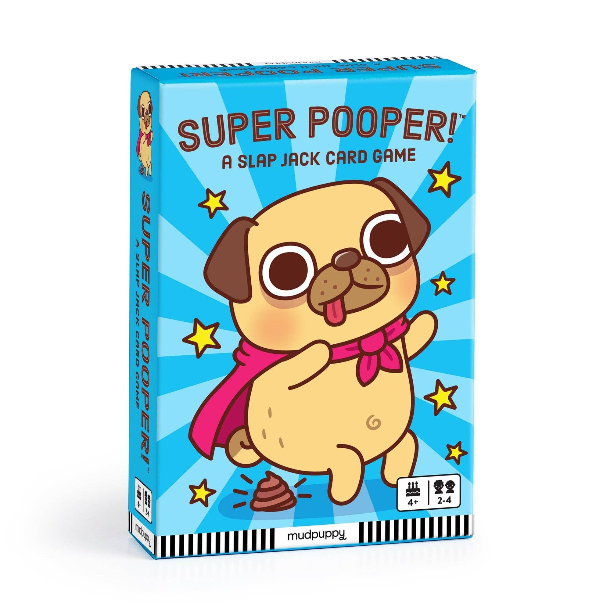 Super Pooper Card Game box featuring a cartoon pug in a cape with poop and stars on the packaging.