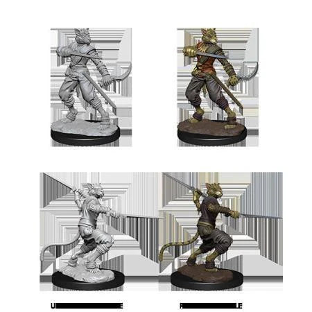 Four D&D Nolzur’s Unpainted Miniatures: Male Tabaxi Rogue with long staff, displayed painted and unpainted.