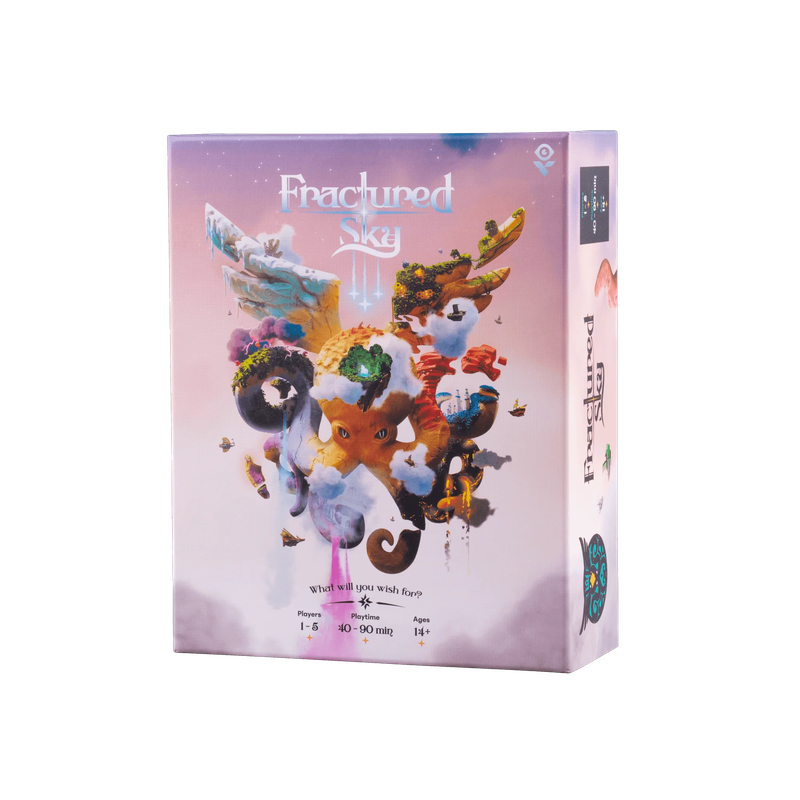 Box of Fractured Sky board game with artwork showing fantasy creatures and floating islands.