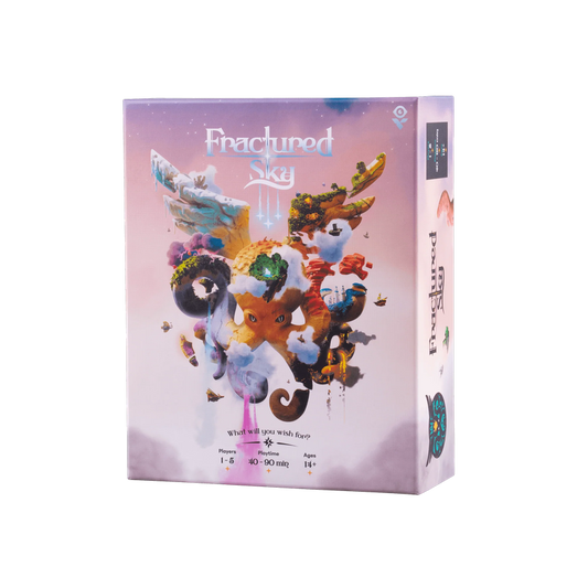 Box of Fractured Sky board game with artwork showing fantasy creatures and floating islands.