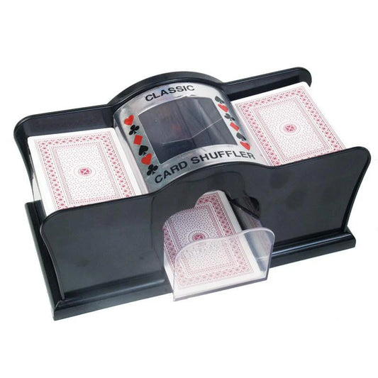 Black Manual Card Shuffler with decks of playing cards inserted, labeled Classic Card Shuffler on top.