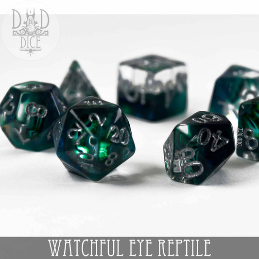 The Watchful Eye Reptile green and silver resin 7-dice set for tabletop gaming.