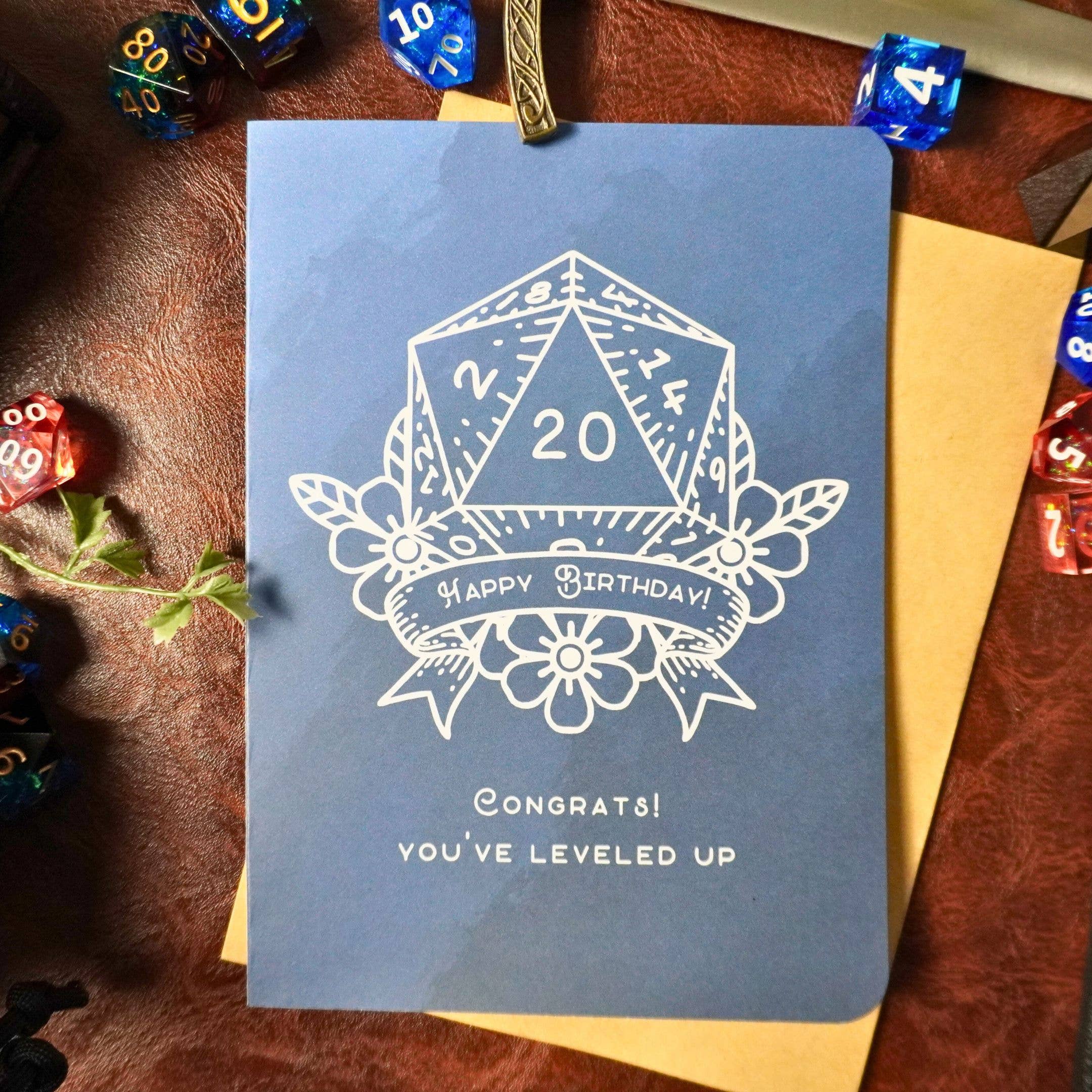 D20 Leveled Up DnD Birthday Card with floral design for tabletop gaming birthdays.