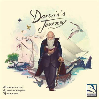 Darwins Journey board game box featuring an elderly man with a book and cane walking by a ship.