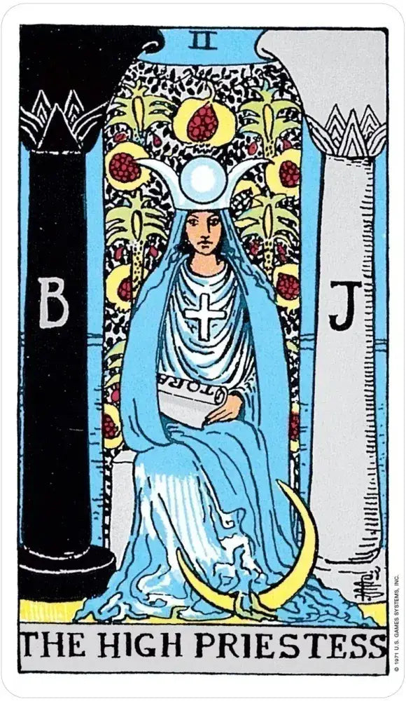 Rider-Waite Tarot card featuring a crowned woman with a scroll seated between pillars.