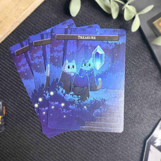 SOLDIER & Treasure Token Set with two cats and a glowing crystal labeled Treasure.