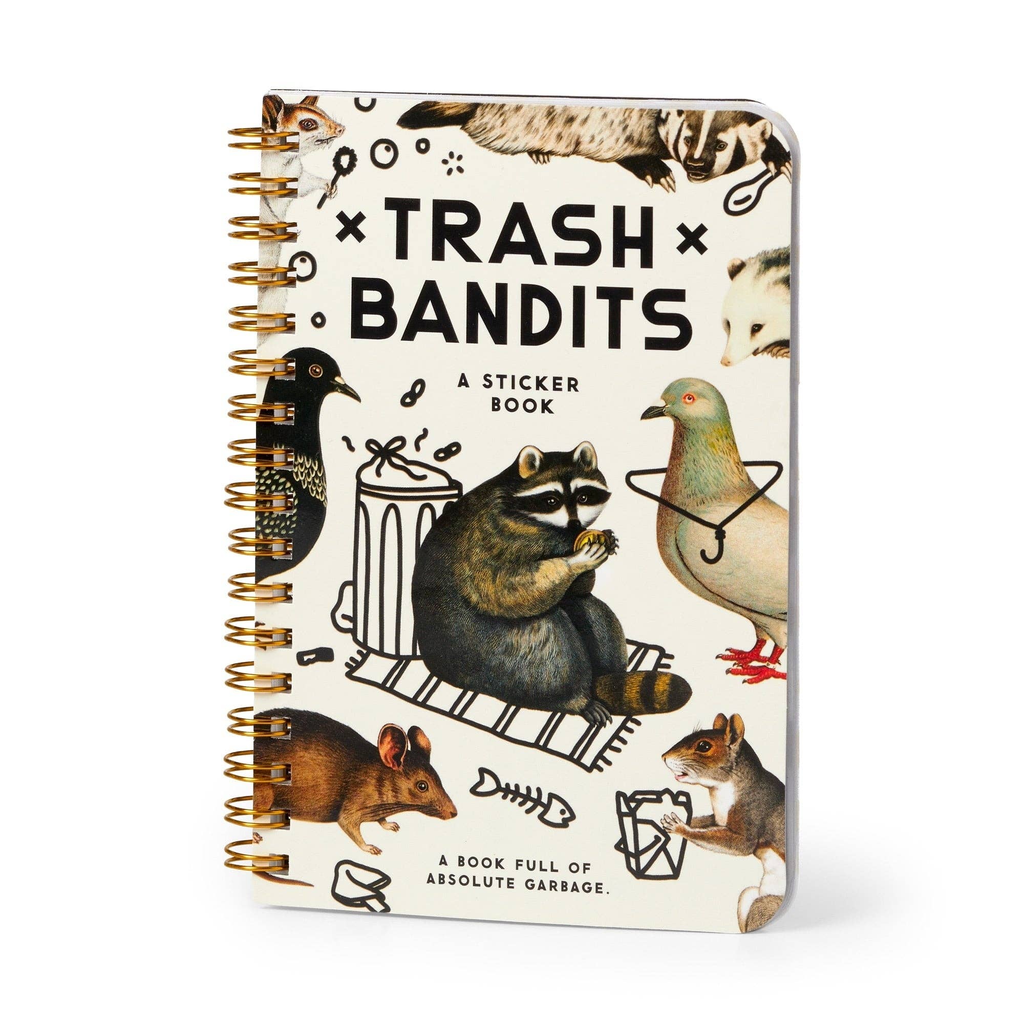 Brass Monkey Trash Bandits Sticker Book with raccoon, pigeon, mouse, and oversized animal stickers.