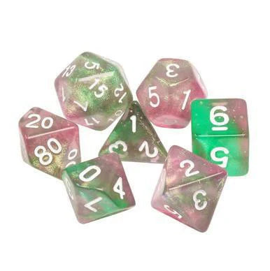 Glow in the Dark Rebirth RPG Dice Set with seven pink and green dice featuring white numbers.