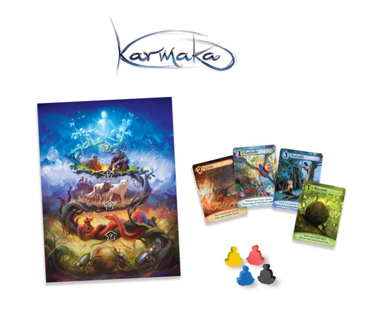 Karmaka board game with four cards, player tokens, and the Karmaka logo on a white background.