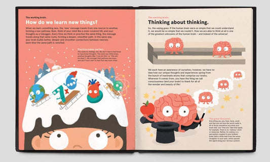 Spread from Your Brilliant Brain book with cartoon brains on sleds and on a stage.