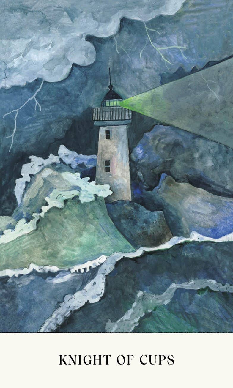 Lighthouse with beam shining through stormy waves, inspired by Knight of Cups from Soul Tarot.