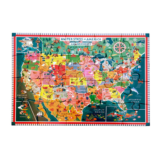 USA Map 20 Piece Puzzle with state icons and landmark labels.