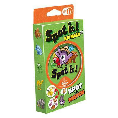 Spot It Animal Junior (Eco-Blister) game in a green box for ages 4+, featuring cartoon animals and eco-friendly packaging.