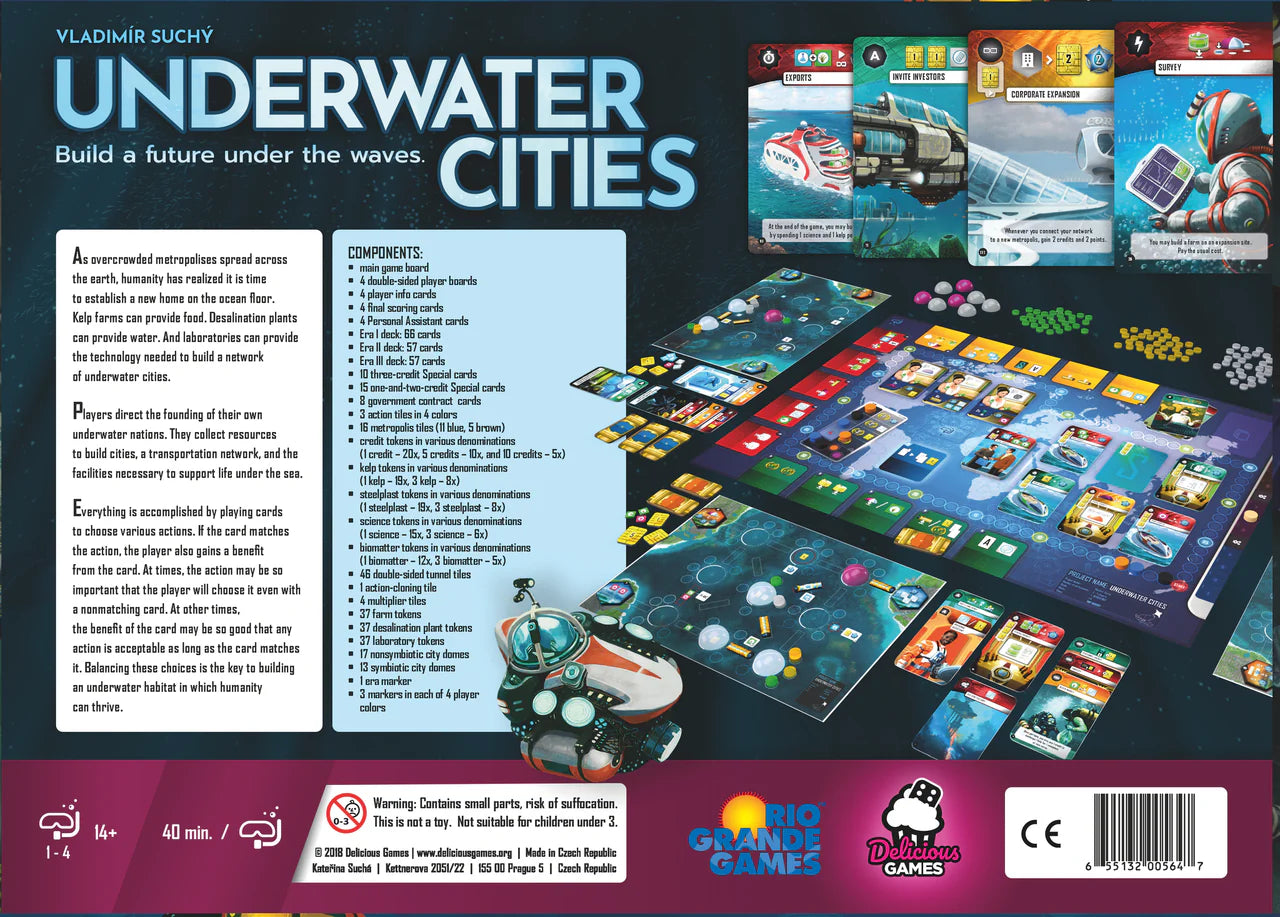 Underwater Cities board game box back with components, cards, boards, and underwater city illustration.