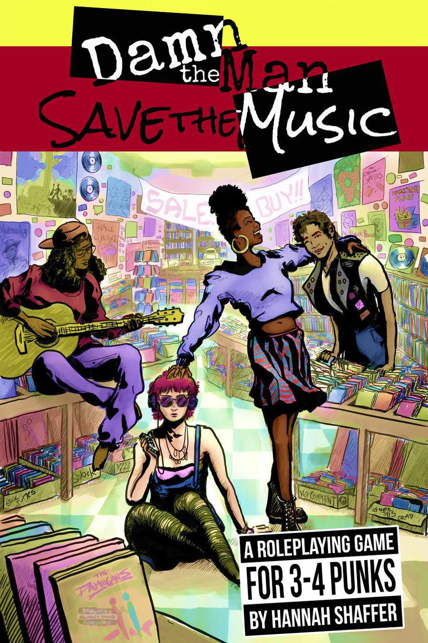 Damn the Man, Save the Music roleplaying game cover featuring four punk-styled people in a record store.
