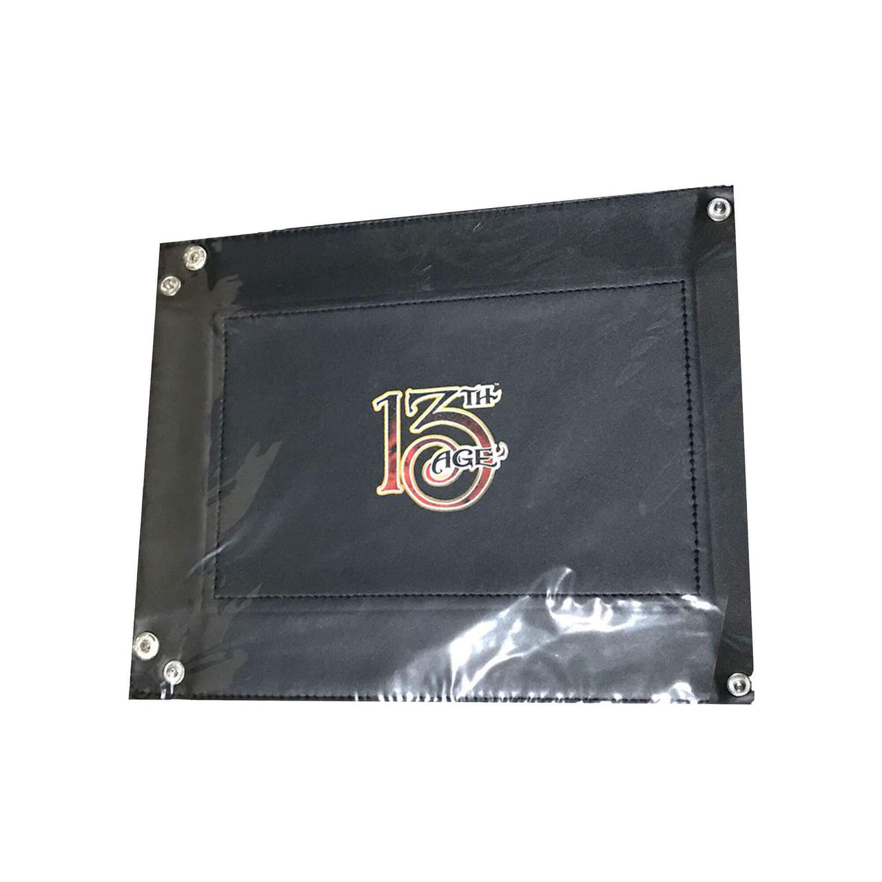 Black 13th Age game screen panel with logo and metal grommets.