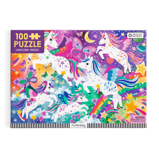 Unicorn Magic 100 Piece Puzzle with designs of stars, butterflies, rainbows, and unicorns.