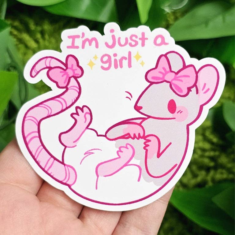 Just a Girl Rat Sticker featuring a pink cartoon girl rat with bows.