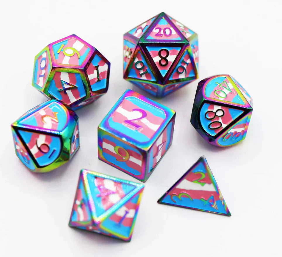 Metal Pride Dice set with pink, blue, and white designs based on the Transgender Pride Flag.
