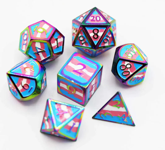 Metal Pride Dice set with pink, blue, and white designs based on the Transgender Pride Flag.