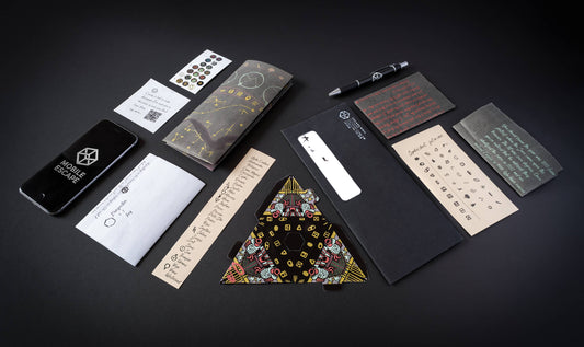 Family Secrets Series: Episode 12 - Bloodlines stationery with cryptic designs on a black surface.