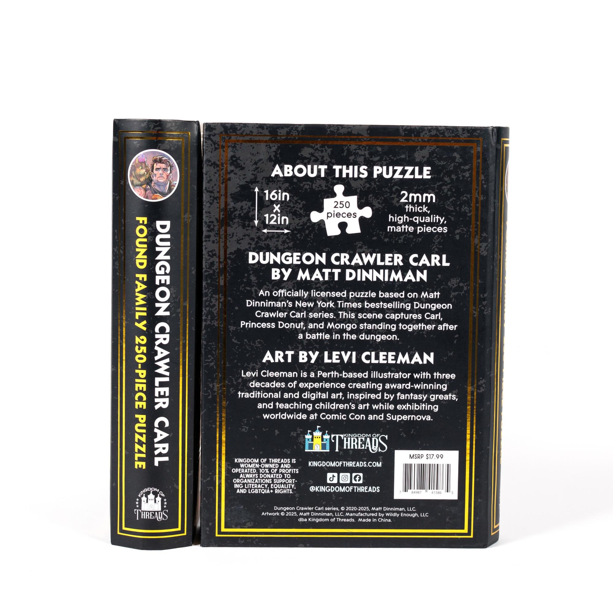 The back of a Found Family Keepsake Puzzle | Dungeon Crawler Carl box with creator details in white on black.