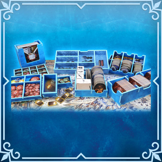 Frosthaven Folded Space Organizer with blue trays holding board game components on the map.