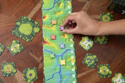 Trail To The Temple board game with a hand moving a purple token; other tokens and cards are nearby.