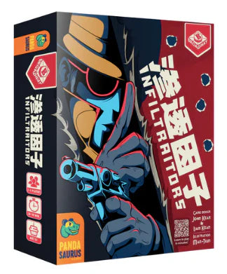 Infiltrator game box with stylized figure in hat and coat aiming a gun on the cover.