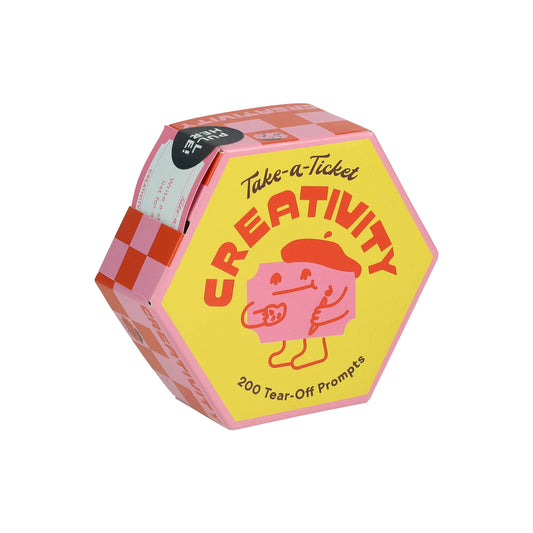 Take-a-Ticket: Creativity, hexagonal box with 200 artist prompts, pink and yellow design.