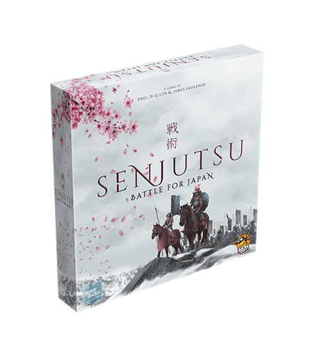 Senjutsu Battle for Japan game box featuring mounted warriors, cherry blossoms, and a city in the background.